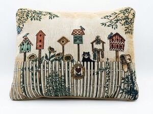 Vintage Tapestry Birdhouse & Black Cat Cottagecore Woven Decorative Throw Pillow